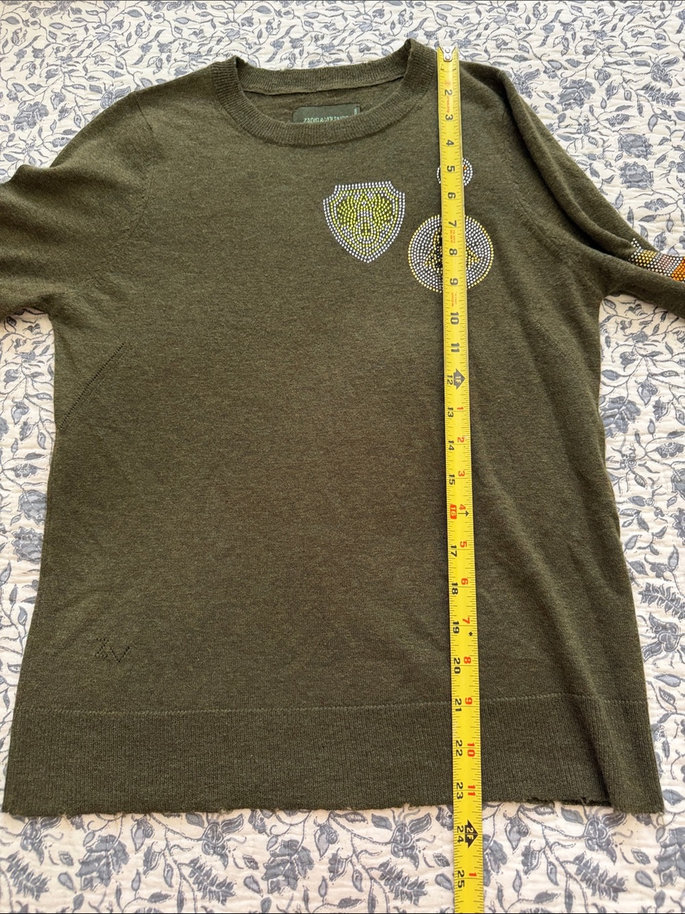 ZADIG AND VOLTAIRE Olive Green Embellished Sweater with Rhinestone Patches - Picture 5 of 10